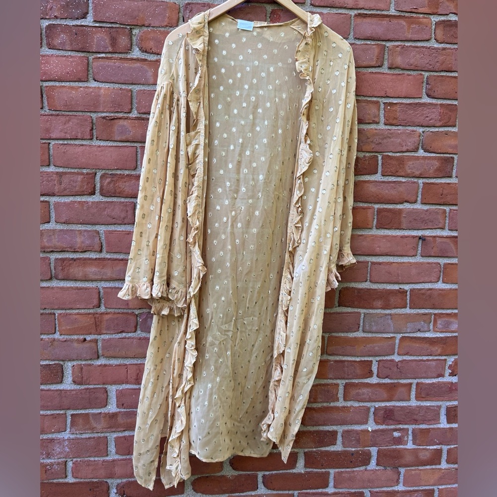 Anthropologie Elizabeth Gillet Sheet Metallic Mustard Yellow Ruffled Robe